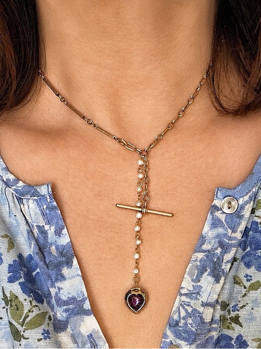 Vintage Antique T bar Dog Clip Watch Chain Necklace GF heart locket with pearl